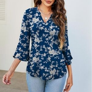 AKEWEI Women's 3/4 Length Bell Sleeve Tops V Neck Dressy Casual Shirts Tunic